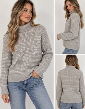 J.Crew Womens Heather Gray Waffle Knit Turtleneck Sweater Raglan Sleeve Small